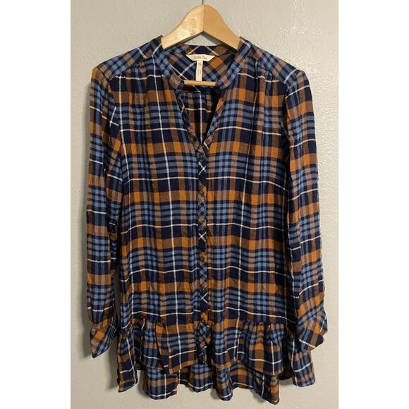 Matilda Jane Womens General Store Tunic Medium Blue Orange Plaid Rayon Button Up - Picture 1 of 7